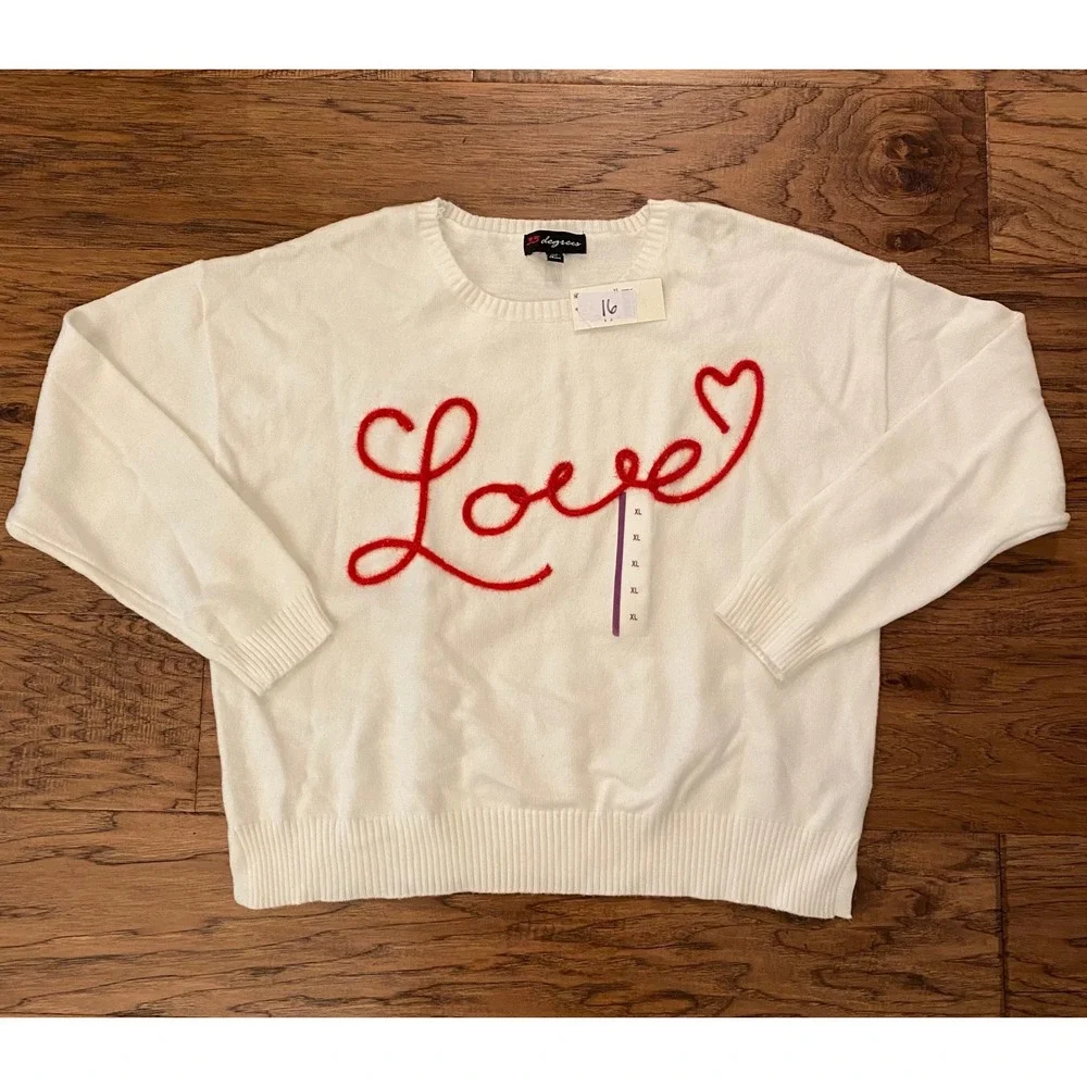 33 Degrees Womens White Love Heart Embroidered Crewneck Sweater XL New